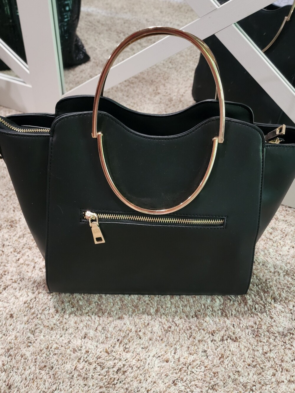 Chic Miztique Black Vegan Leather Satchel with Sculptural Gold Handles